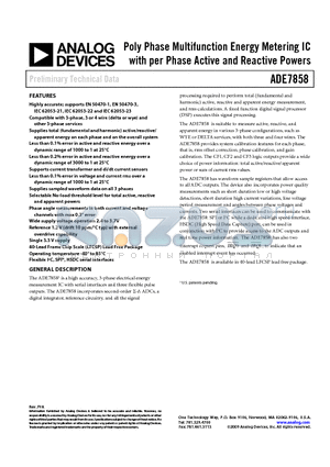 ADE7858 datasheet - Poly Phase Multifunction Energy Metering IC with per Phase Active and Reactive Powers