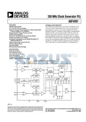 ADF4001BCP datasheet - 200 MHz Clock Generator PLL