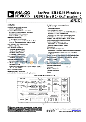 ADF7242BCPZ-RL datasheet - Low Power IEEE 802.15.4/Proprietary GFSK/FSK Zero-IF 2.4 GHz Transceiver IC