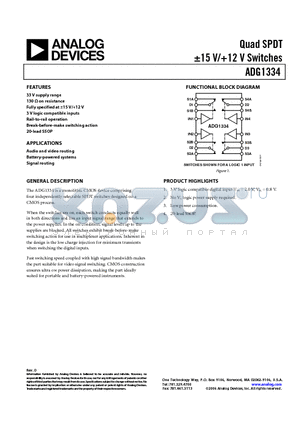 ADG1334BRSZ-REEL datasheet - Quad SPDT -15 V/12 V Switches