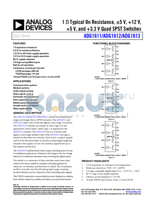 ADG1611 datasheet - 1 Y Typical On Resistance, a5 V, 12 V, 5 V, and 3.3 V Quad SPST Switches