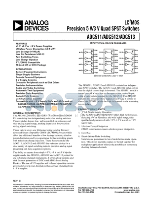 ADG511BRZ datasheet - LC2MOS Precision 5 V/3 V Quad SPST Switches
