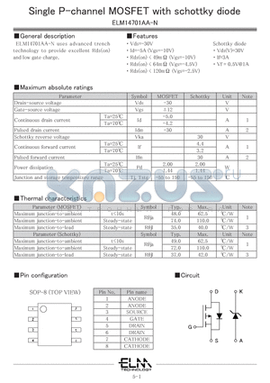 ELM14701AA-N datasheet - Single P-channel MOSFET with schottky diode