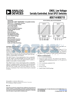 ADG714 datasheet - CMOS, Low Voltage Serially Controlled, Octal SPST Switches