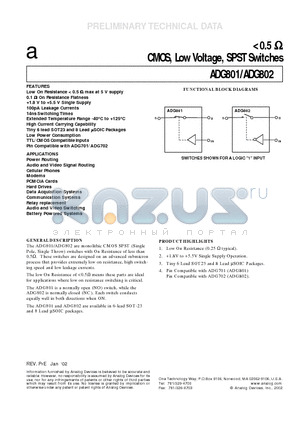 ADG801BRT datasheet - <0.5 ohm CMOS, Low Voltage, SPST Switches