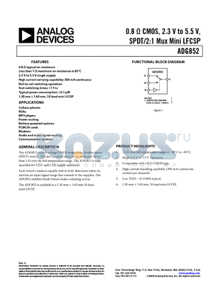 ADG852BCPZ-R21 datasheet - 0.8 Y CMOS, 2.3 V to 5.5 V, SPDT/2:1 Mux Mini LFCSP