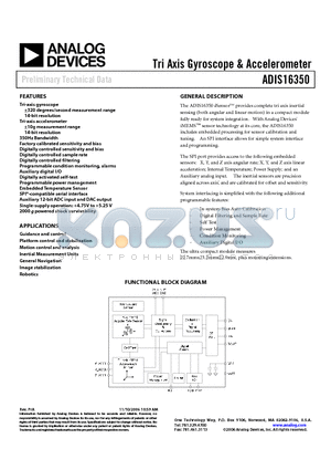 ADIS16350 datasheet - Tri Axis Gyroscope & Accelerometer