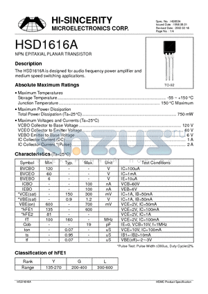 HSD1616A datasheet - NPN EPITAXIAL PLANAR TRANSISTOR