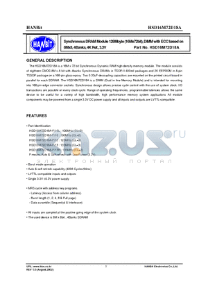 HSD16M72D18A-12 datasheet - Synchronous DRAM Module 128Mbyte (16Mx72bit), DIMM with ECC based on 8Mx8, 4Banks, 4K Ref., 3.3V