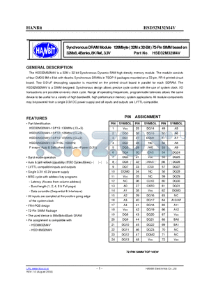 HSD32M32M4V-F10L datasheet - Synchronous DRAM Module 128Mbyte ( 32M x 32-Bit ) 72-Pin SIMM based on 32Mx8, 4Banks, 8K Ref., 3.3V