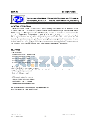 HSD32M72D18P-12 datasheet - Synchronous DRAM Module 256Mbyte (32Mx72bit), DIMM with ECC based on 16Mx8, 4Banks, 4K Ref., 3.3V