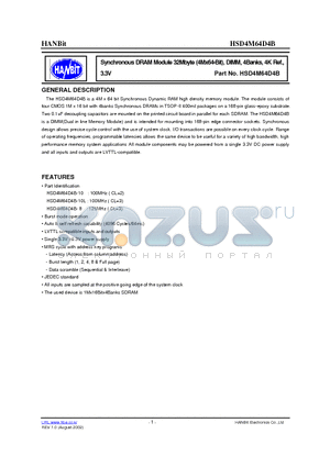 HSD4M64D4B-10L datasheet - Synchronous DRAM Module 32Mbyte (4Mx64-Bit), DIMM, 4Banks, 4K Ref., 3.3V