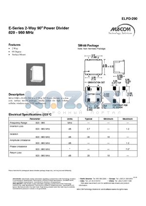 ELPD-290 datasheet - E-Series 2-Way 90j Power Divider 820 - 980 MHz
