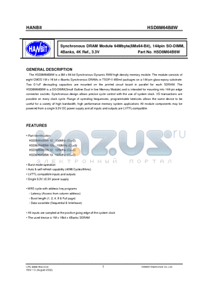 HSD8M64B8W datasheet - Synchronous DRAM Module 64Mbyte(8Mx64-Bit), 144pin SO-DIMM, 4Banks, 4K Ref., 3.3V