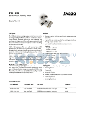 HSDL-9100 datasheet - Surface-Mount Proximity Sensor