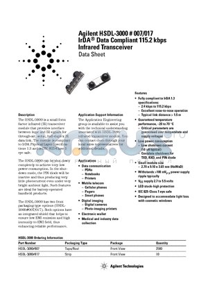 HSDL3000 datasheet - Agilent HSDL-3000 # 007/017 IrDA Data Compliant 115.2 kbps Infrared Transceiver