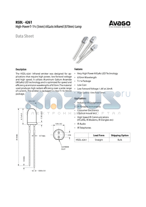 HSDL-4261 datasheet - High-Power T-1n (5mm) AlGaAs Infrared (870nm) Lamp