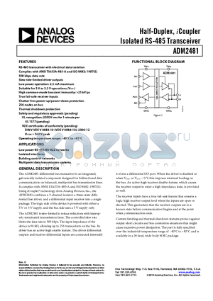 ADM2481 datasheet - Half-Duplex, iCoupler Isolated RS-485 Transceiver