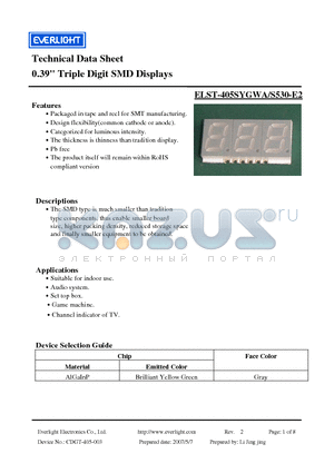 ELST-405SYGWA/S530-E2 datasheet - 0.39 Triple Digit SMD Displays