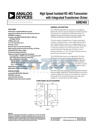 ADM2485BRWZ-REEL datasheet - High Speed Isolated RS-485 Transceiver with Integrated Transformer Driver