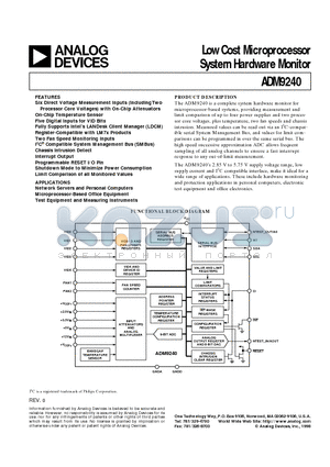 ADM9240 datasheet - Low Cost Microprocessor System Hardware Monitor