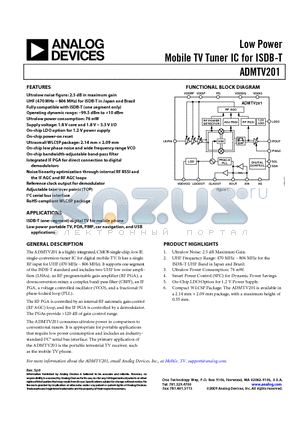 ADMTV201 datasheet - Low Power Mobile TV Tuner IC for ISDB-T