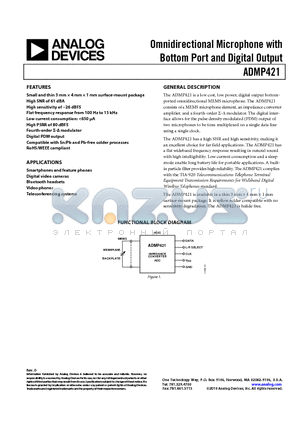 ADMP421ACEZ-RL datasheet - Omnidirectional Microphone with Bottom Port and Digital Output