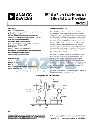 ADN2525ACPZ-R2 datasheet - 10.7 Gbps Active Back-Termination, Differential Laser Diode Driver