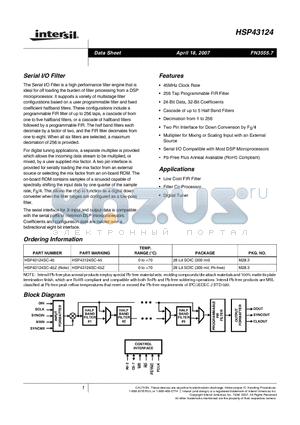 HSP43124 datasheet - Serial I/O Filter