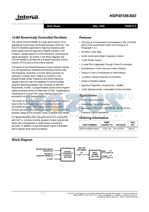 HSP45106883 datasheet - 16-Bit Numerically Controlled Oscillator