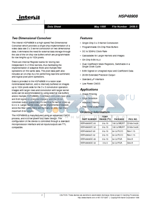 HSP48908JC-20 datasheet - Two Dimensional Convolver