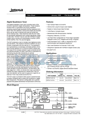 HSP50110JC-52 datasheet - Digital Quadrature Tuner