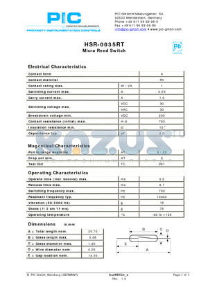 HSR-0035RT datasheet - Micro Reed Switch