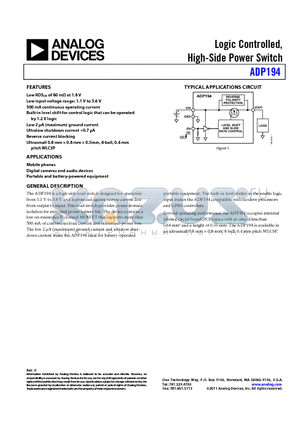 ADP194ACBZ-R7 datasheet - Logic Controlled, High-Side Power Switch Low RDSON of 80 mY at 1.8 V