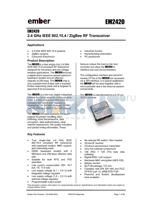 EM2420TR datasheet - 2.4 GHz IEEE 802.15.4 / ZigBee RF Transceiver