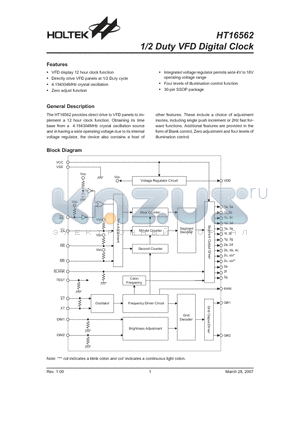 HT16562 datasheet - 1/2 Duty VFD Digital Clock