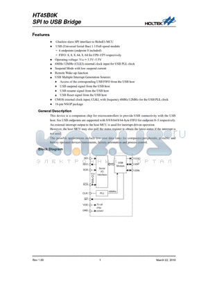 HT45B0K datasheet - SPI to USB Bridge