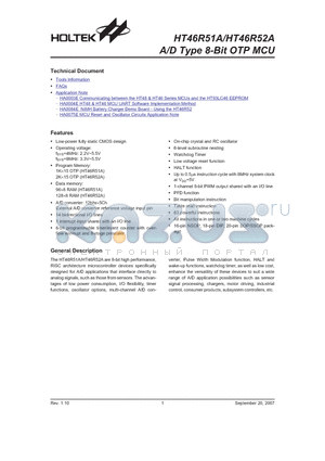 HT46R51A datasheet - A/D Type 8-Bit OTP MCU