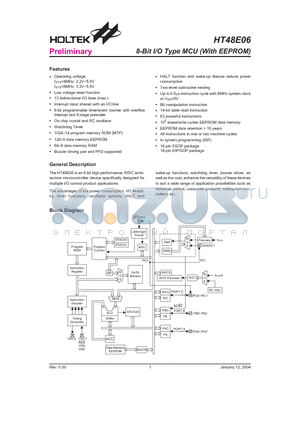 HT48E06 datasheet - 8-Bit I/O Type MCU (With EEPROM)