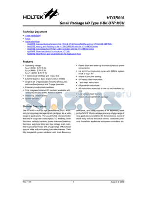 HT48R01A datasheet - Small Package I/O Type 8-Bit OTP MCU