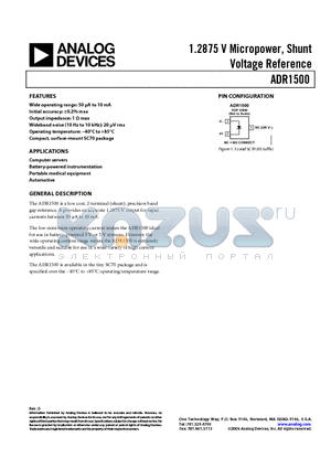 ADR1500BKSZ-REEL datasheet - 1.2875 V Micropower, Shunt Voltage Reference
