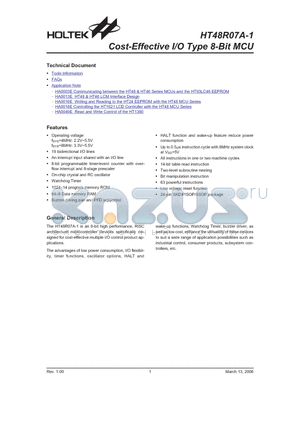 HT48R07A-1 datasheet - Cost-Effective I/O Type 8-Bit MCU