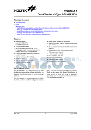 HT48R0AA-1 datasheet - Cost-Effective I/O Type 8-Bit OTP MCU