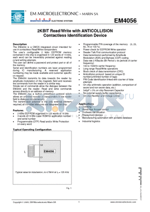 EM4056B6WW11E datasheet - 2KBIT Read/Write with ANTICOLLISION Contactless Identification Device