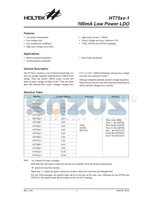 HT7530-1 datasheet - 100mA Low Power LDO