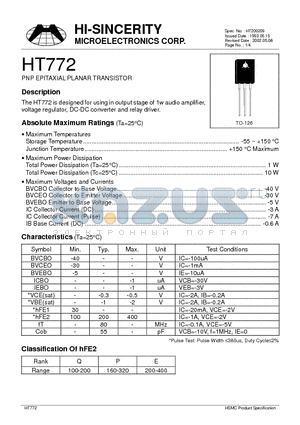 HT772 datasheet - PNP EPITAXIAL PLANAR TRANSISTOR