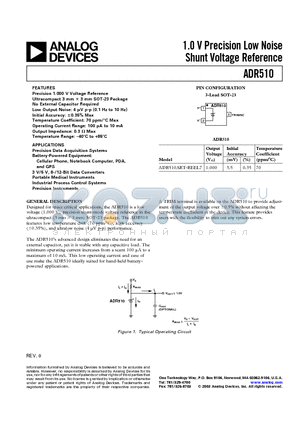 ADR510 datasheet - 1.0 V Precision Low Noise Shunt Voltage Reference