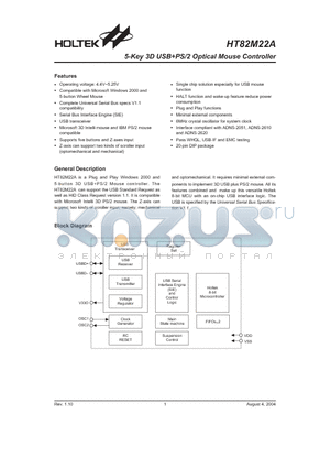 HT82M22A datasheet - 5-Key 3D USBPS/2 Optical Mouse Controller