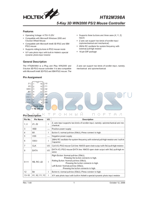 HT82M398A_06 datasheet - 5-Key 3D WIN2000 PS/2 Mouse Controller