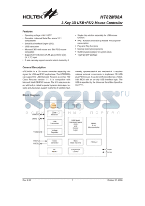 HT82M98A datasheet - 3-Key 3D USBPS/2 Mouse Controller